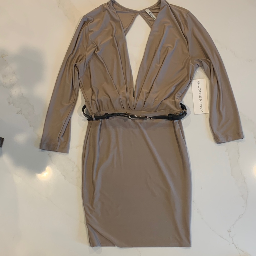 Clothes Envy Cefiann Taupe Deep V Long-Sleeve Bodycon Dress BNWT Small